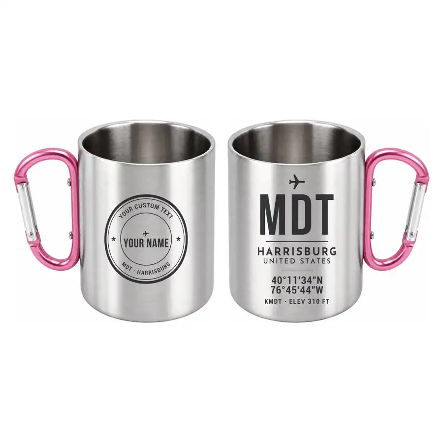 Harrisburg International Airport (MDT) Stainless Steel Mugs - ID Tag + Custom Back - Outdoors Mug - Pink
