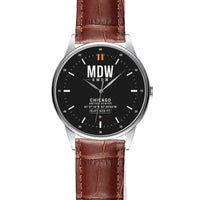 Thumbnail for Chicago Midway International Airport (MDW) Aviator Watches - Classic - Black - Leather Strap - Striped Brown Leather Strap