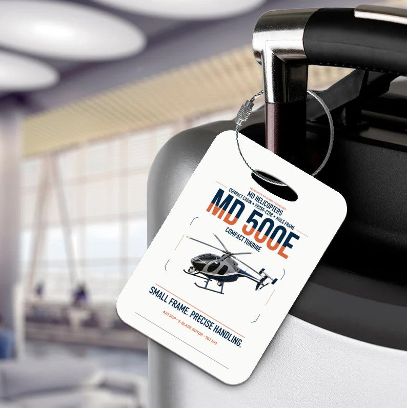 MD Helicopters MD 500E design on white acrylic luggage tags, double-side print