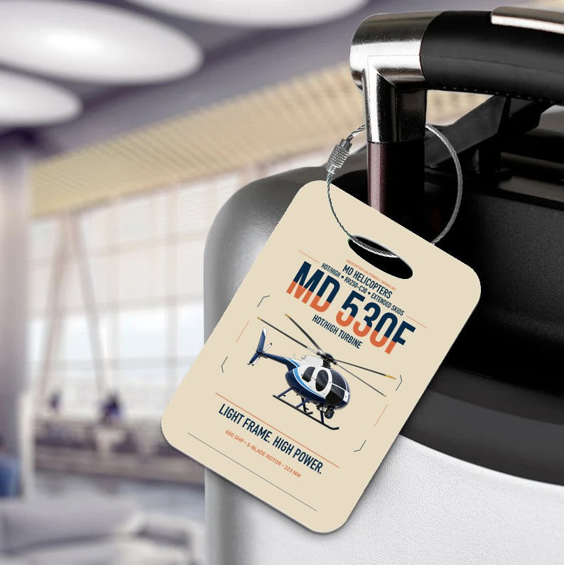 MD Helicopters MD 530F design on beige acrylic luggage tags, double-side print