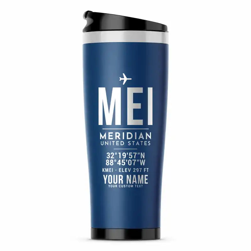 Meridian Regional Airport (MEI) Travel Mugs - ID Tag + Name - Stainless Steel (No Holder) - Blue