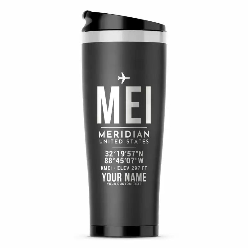 Meridian Regional Airport (MEI) Travel Mugs - ID Tag + Name - Stainless Steel (No Holder) - Gray