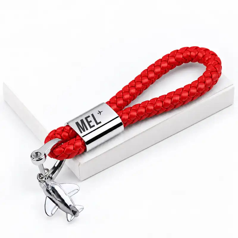 Melbourne Airport (MEL) Leather Key Chains - Leather Key Chain - Braided Leather - Original Design - Red