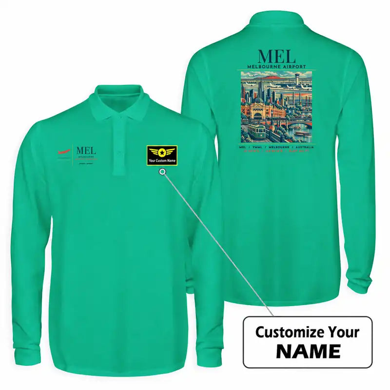 Melbourne Airport (MEL) Premium Polo T-Shirts - Poster + Name - Long Sleeve - Green