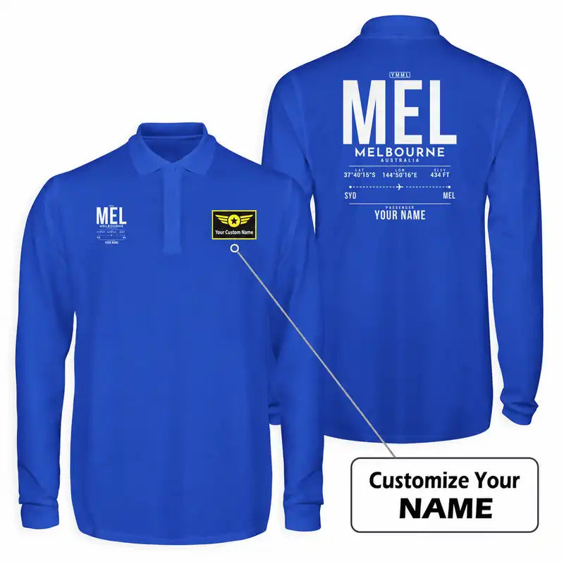 Melbourne Airport (MEL) Premium Polo T-Shirts - Tag Custom - Long Sleeve - Blue