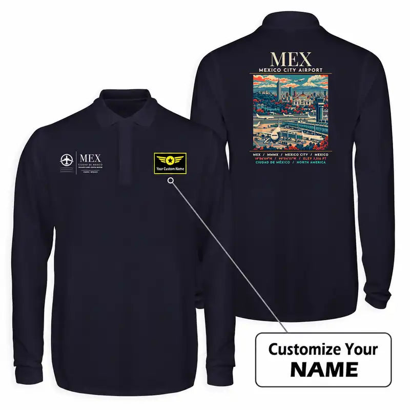 Mexico City Benito Juarez International Airport (MEX) Premium Polo T-Shirts - Poster + Name - Long Sleeve - Dark Blue
