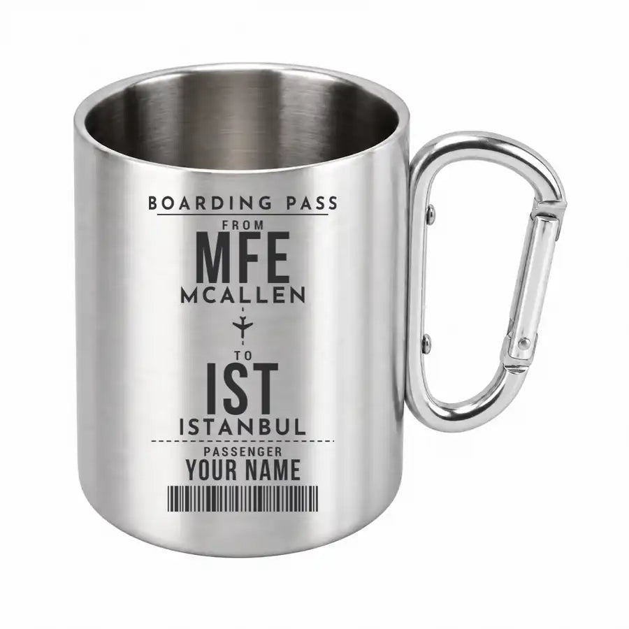 McAllen Miller International Airport (MFE) Stainless Steel Mugs - Customizable Boarding Pass - Outdoors Mug - Silver