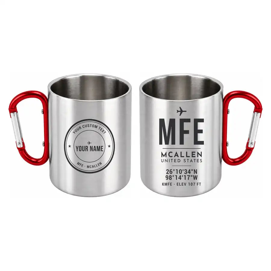 McAllen Miller International Airport (MFE) Stainless Steel Mugs - ID Tag + Custom Back - Outdoors Mug - Red