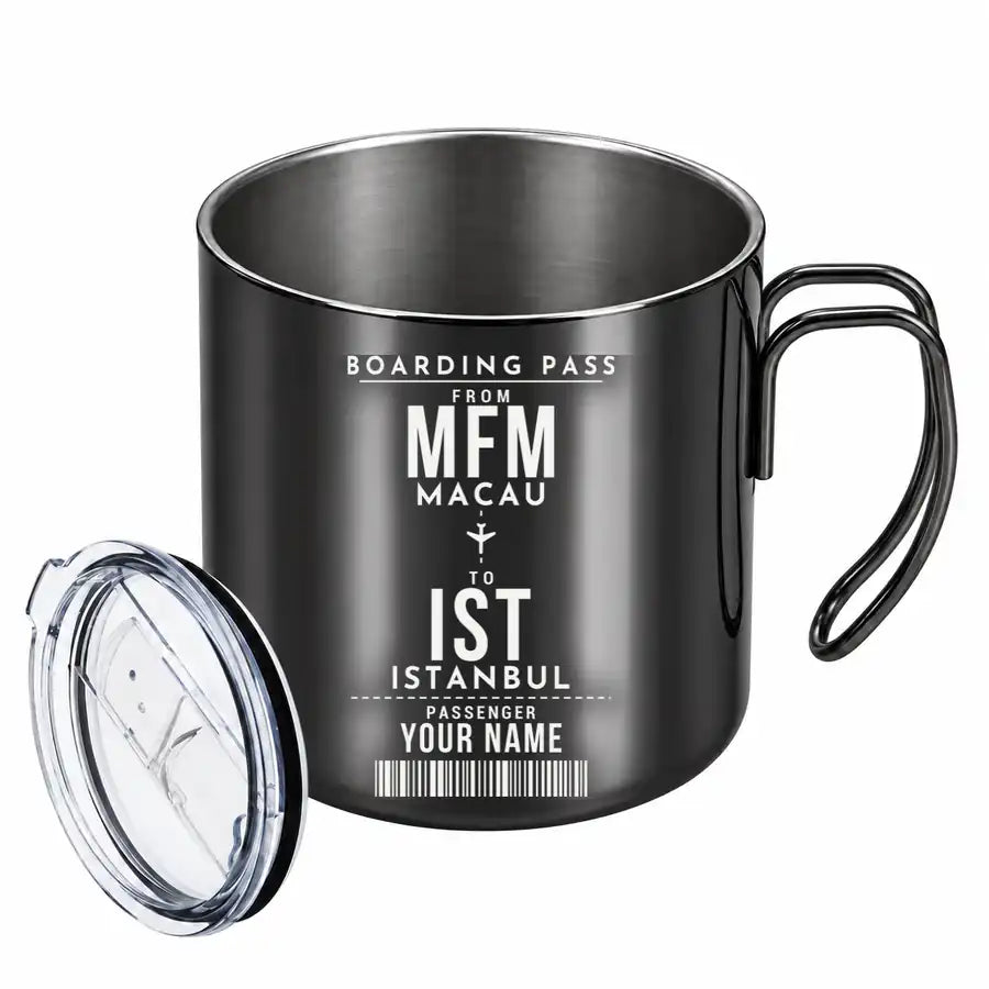 Macau International Airport (MFM) Stainless Steel Mugs - Customizable Boarding Pass - Portable Mug - Black