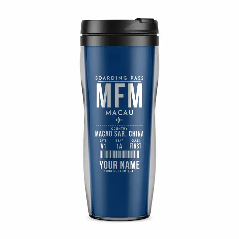 Macau International Airport (MFM) Travel Mugs - Boarding Pass + Name - Plastic (No Holder) - Blue