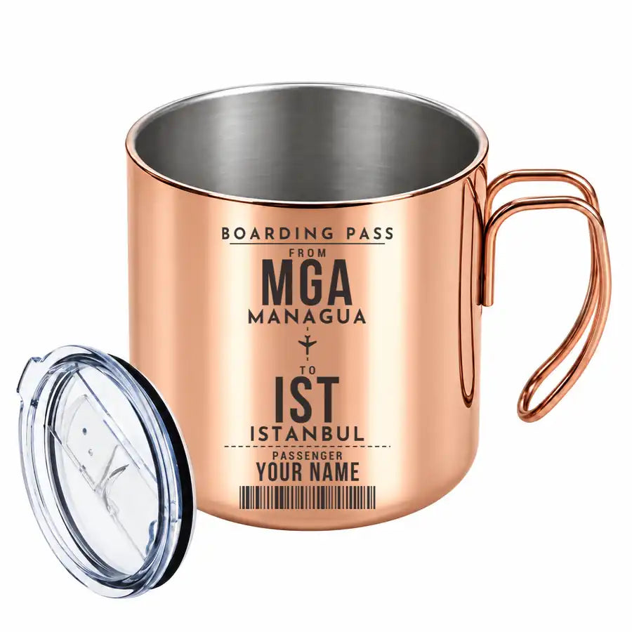 Augusto C. Sandino International Airport (MGA) Stainless Steel Mugs - Customizable Boarding Pass - Portable Mug - Copper