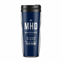 Thumbnail for Mashhad Shahid Hasheminejad International Airport (MHD) Travel Mugs - ID Tag + Name - Plastic (No Holder) - Dark Blue