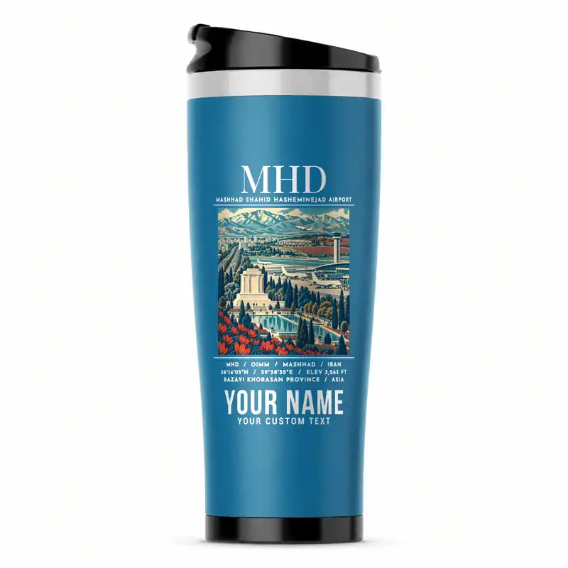 Mashhad Shahid Hasheminejad International Airport (MHD) Travel Mugs - Poster + Name - Stainless Steel (No Holder) - Light Blue