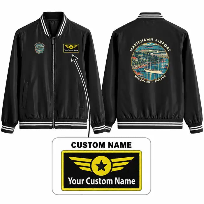 Mariehamn Airport (MHQ) Stylish Jackets - Baseball Collar - Badge + Name - Black