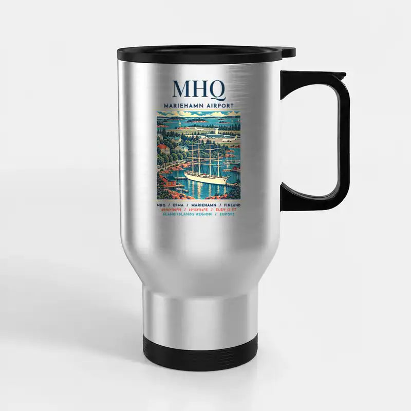Mariehamn Airport (MHQ) Travel Mugs - Poster - Stainless Steel with Holder - Silver