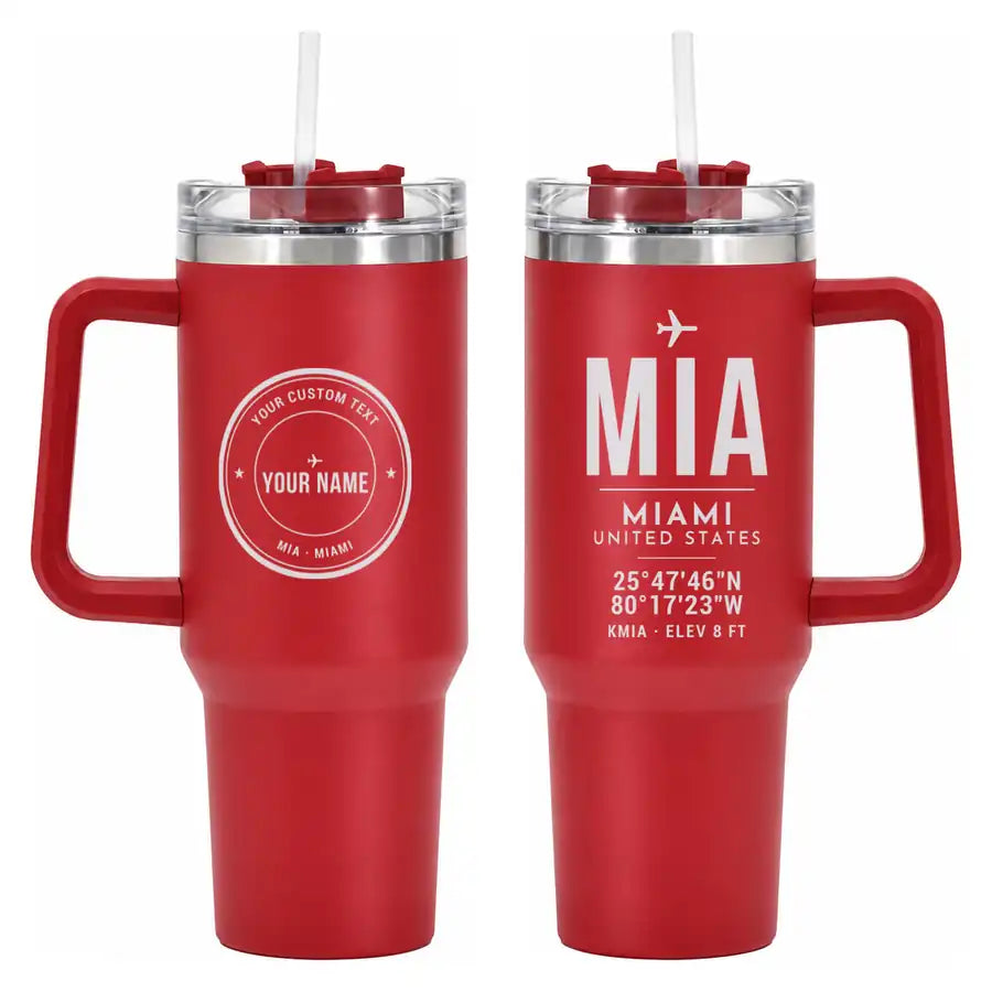 Miami International Airport (MIA) Stainless Steel Mugs - ID Tag + Custom Back - 40oz Car Mug - Red