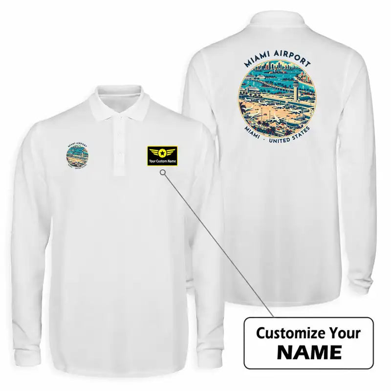 Miami International Airport (MIA) Premium Polo T-Shirts - Badge + Name - Long Sleeve - White