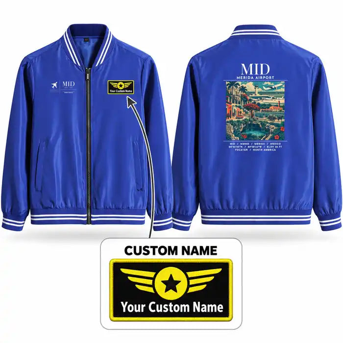 Merida International Airport (MID) Stylish Jackets - Baseball Collar - Poster + Name - Royal Blue