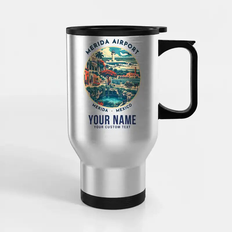 Merida International Airport (MID) Travel Mugs - Badge + Name - Stainless Steel with Holder - Silver