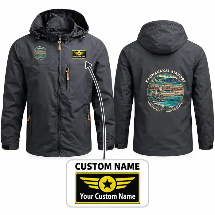 Molokai Airport (MKK) Stylish Jackets - Hooded Windbreaker - Badge + Name - Charcoal