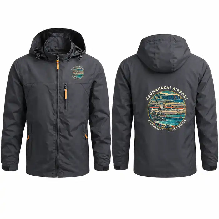 Molokai Airport (MKK) Stylish Jackets - Hooded Windbreaker - Badge - Charcoal