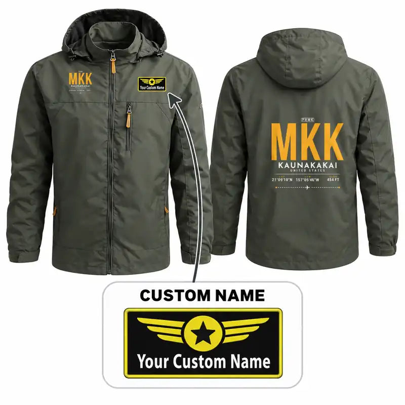 Molokai Airport (MKK) Stylish Jackets - Hooded Windbreaker - Tag + Name - Olive Green