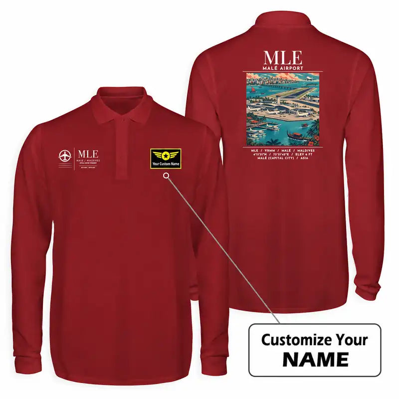 Velana International Airport Malé (MLE) Premium Polo T-Shirts - Poster + Name - Long Sleeve - Dark Red
