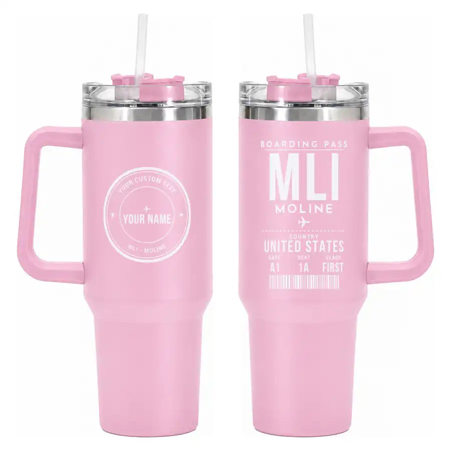 Quad City International Airport (MLI) Stainless Steel Mugs - Boarding Pass + Custom Back - 40oz Car Mug - Pink