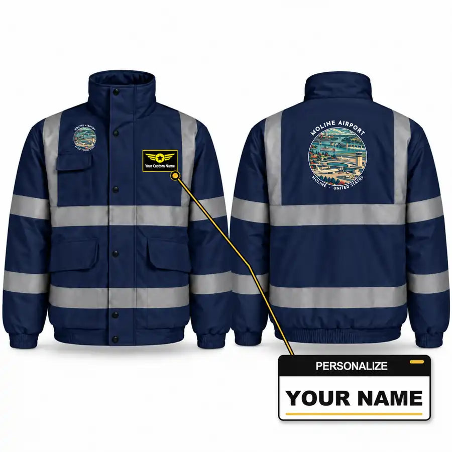 Quad City International Airport (MLI) Reflective Winter Jackets - Badge + Name - Navy Blue
