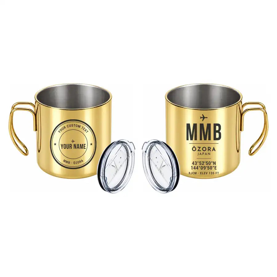 Memanbetsu Airport (MMB) Stainless Steel Mugs - ID Tag + Custom Back - Portable Mug - Gold