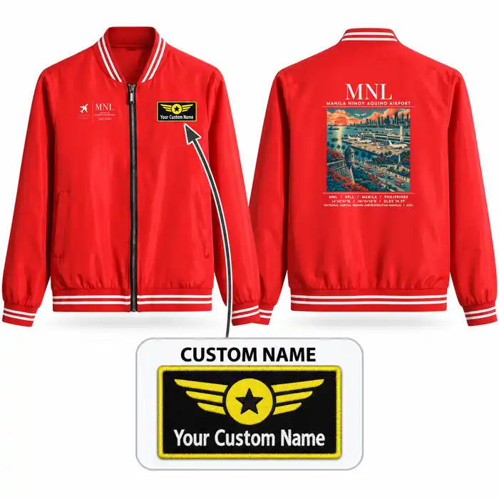 Manila Ninoy Aquino International Airport (MNL) Stylish Jackets - Baseball Collar - Poster + Name - Red