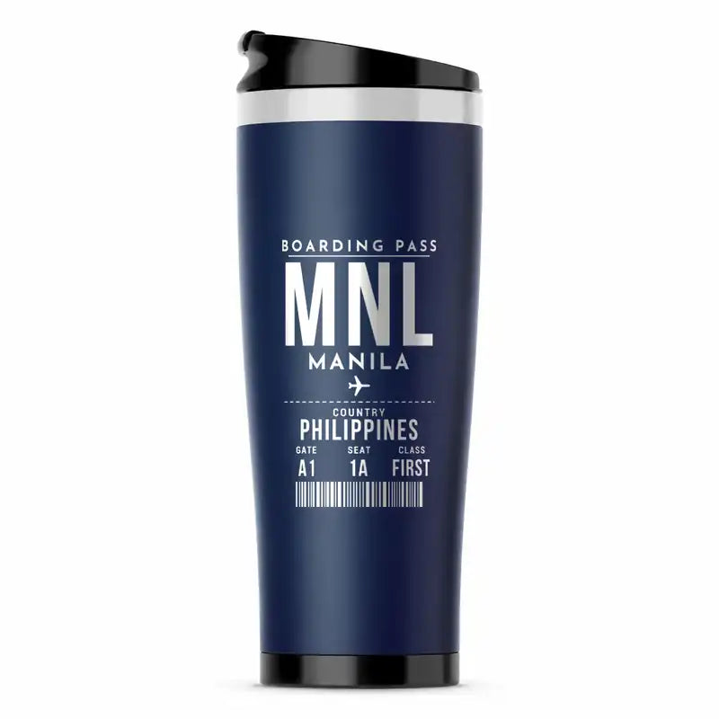 Manila Ninoy Aquino International Airport (MNL) Travel Mugs - Boarding Pass - Stainless Steel (No Holder) - Dark Blue