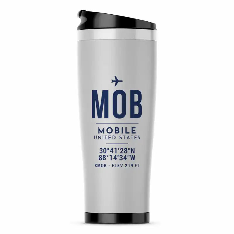 Mobile Regional Airport (MOB) Travel Mugs - ID Tag - Stainless Steel (No Holder) - Light Gray