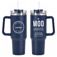 Thumbnail for Modesto City-County Airport (MOD) Stainless Steel Mugs - ID Tag + Custom Back - 40oz Car Mug - Navy Blue