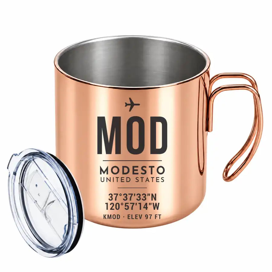Modesto City-County Airport (MOD) Stainless Steel Mugs - ID Tag - Portable Mug - Copper