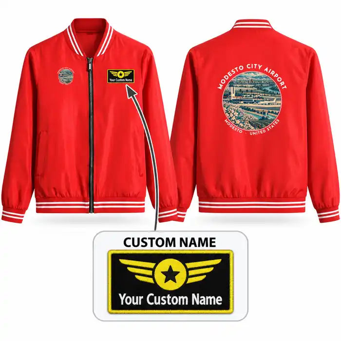 Modesto City-County Airport (MOD) Stylish Jackets - Baseball Collar - Badge + Name - Red