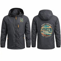 Thumbnail for Minot International Airport (MOT) Stylish Jackets - Hooded Windbreaker - Badge - Charcoal