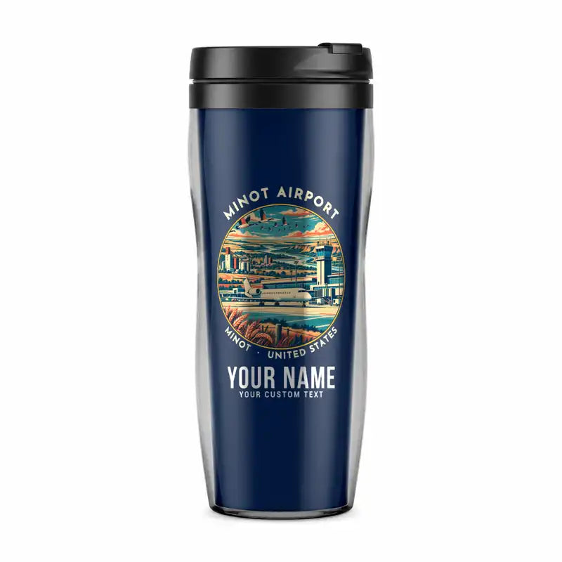 Minot International Airport (MOT) Travel Mugs - Badge + Name - Plastic (No Holder) - Dark Blue