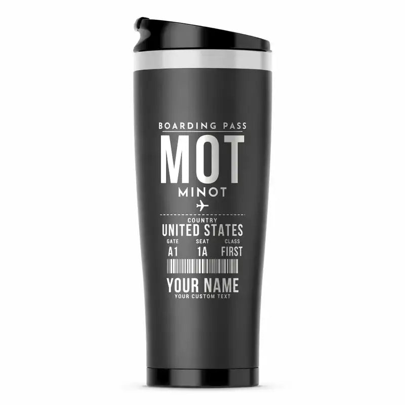 Minot International Airport (MOT) Travel Mugs - Boarding Pass + Name - Stainless Steel (No Holder) - Gray