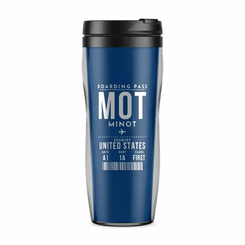 Minot International Airport (MOT) Travel Mugs - Boarding Pass - Plastic (No Holder) - Blue