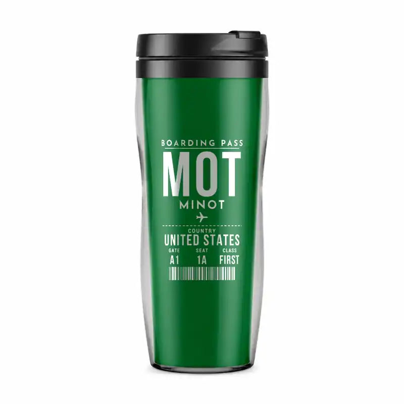 Minot International Airport (MOT) Travel Mugs - Boarding Pass - Plastic (No Holder) - Green
