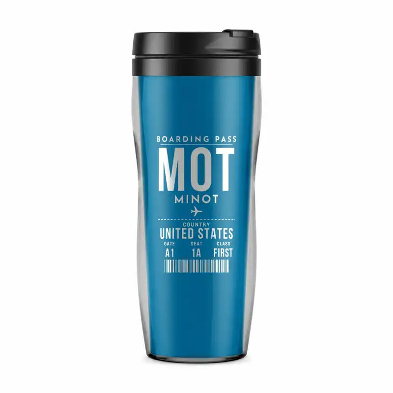 Minot International Airport (MOT) Travel Mugs - Boarding Pass - Plastic (No Holder) - Light Blue