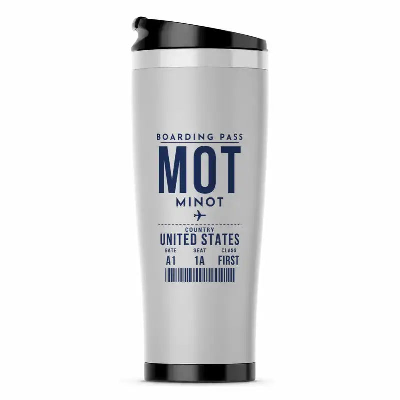 Minot International Airport (MOT) Travel Mugs - Boarding Pass - Stainless Steel (No Holder) - Light Gray