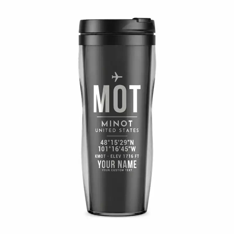 Minot International Airport (MOT) Travel Mugs - ID Tag + Name - Plastic (No Holder) - Gray