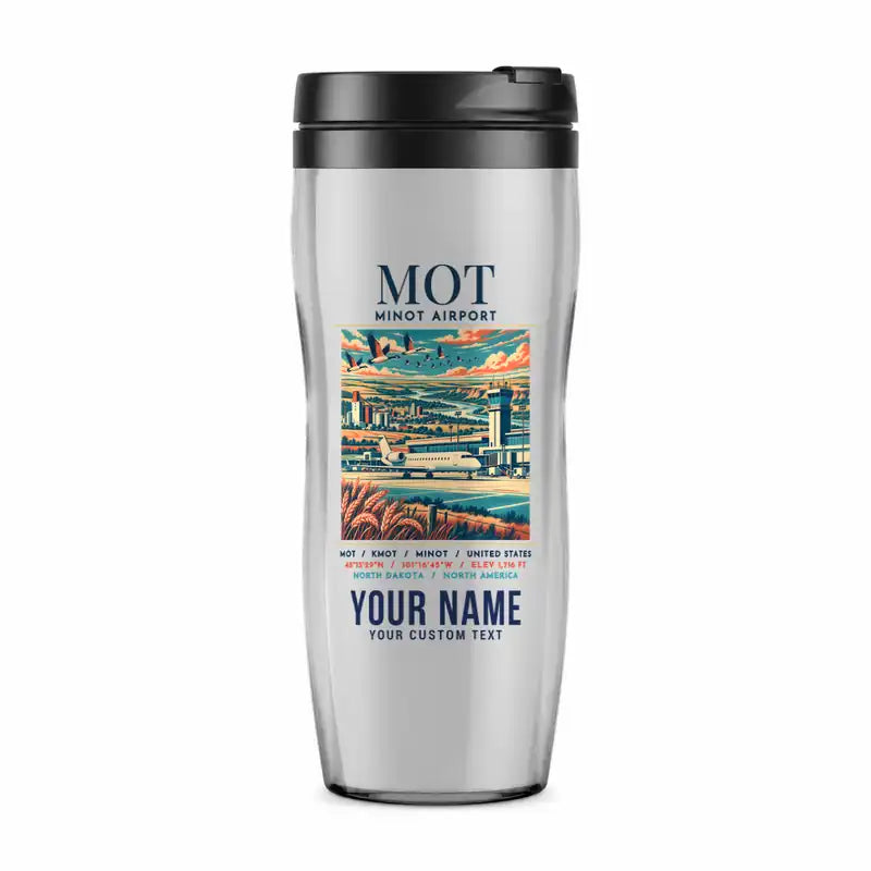 Minot International Airport (MOT) Travel Mugs - Poster + Name - Plastic (No Holder) - Light Gray