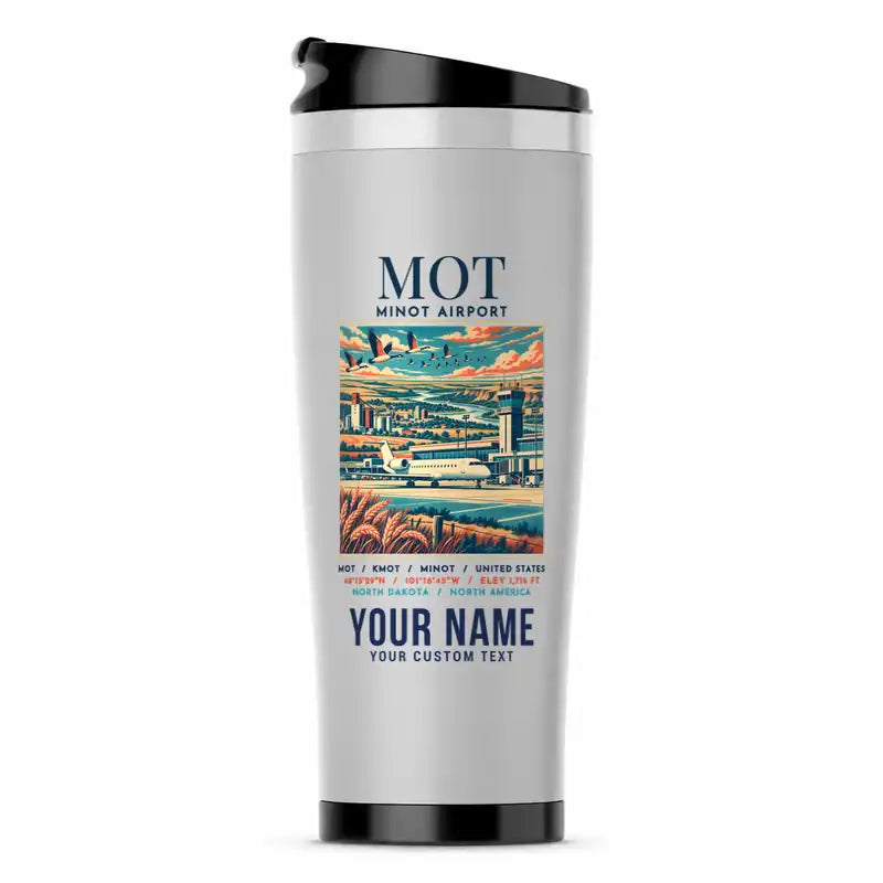 Minot International Airport (MOT) Travel Mugs - Poster + Name - Stainless Steel (No Holder) - Light Gray