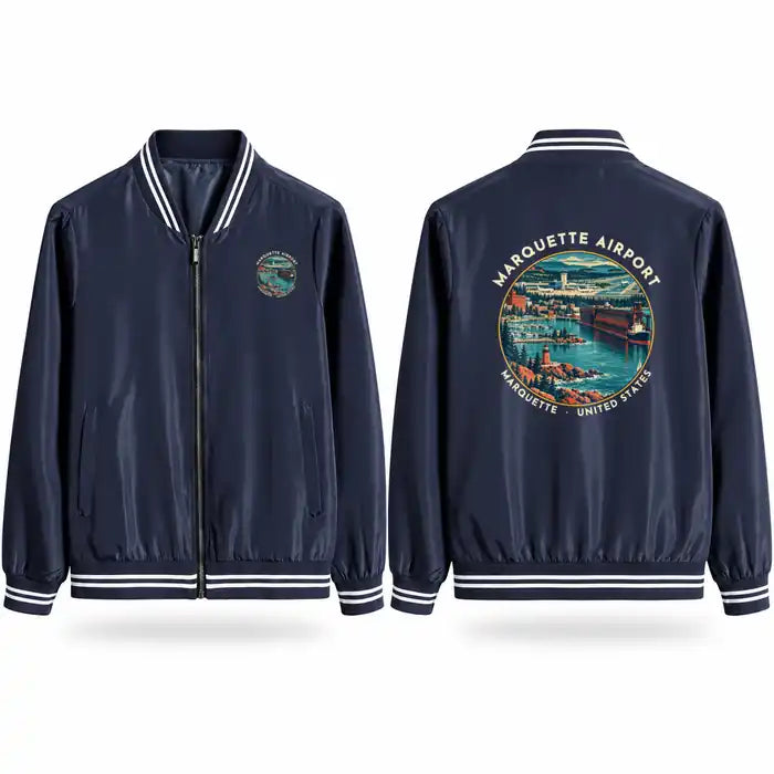 Sawyer International Airport (MQT) Stylish Jackets - Baseball Collar - Badge - Navy Blue