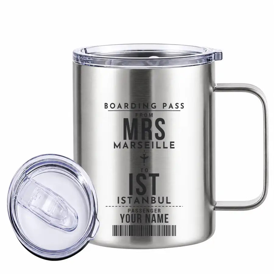 Marseille Provence Airport (MRS) Stainless Steel Mugs - Customizable Boarding Pass - Stainless Steel Mug - 14 oz / 400ML - Silver