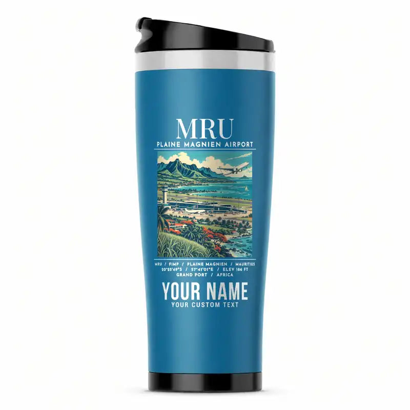 Plaine Magnien Sir Seewoosagur Ramgoolam International Airport (MRU) Travel Mugs - Poster + Name - Stainless Steel (No Holder) - Light Blue