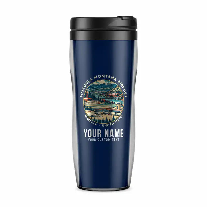 Missoula Montana Airport (MSO) Travel Mugs - Badge + Name - Plastic (No Holder) - Dark Blue